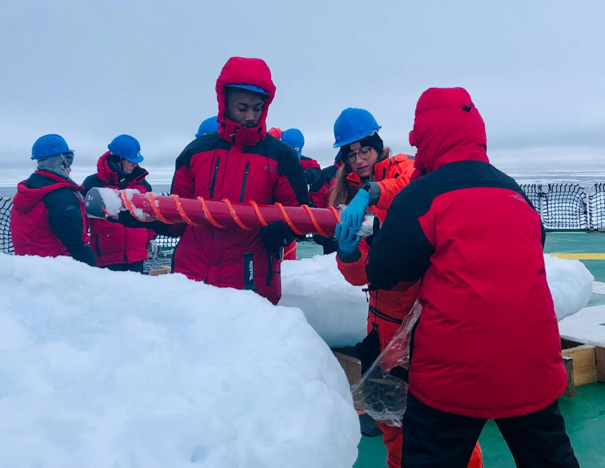 Letizia Tedesco collecting ice samples from pancakes lifted on deck, RV Agulhas II